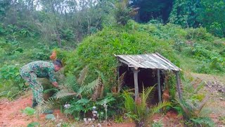 Building a hut spherical shelter inside and outside weaving herbs and branches| Amazing Shelter