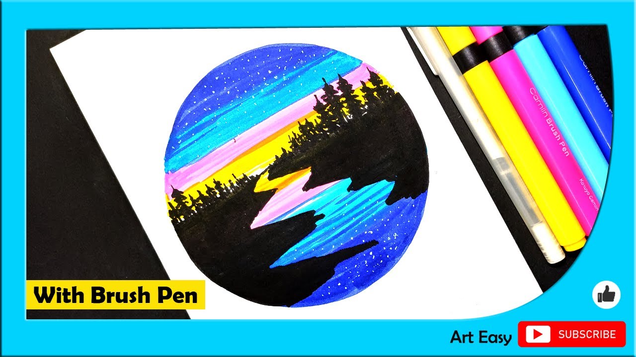 How To Paint Night Landscape With Brush Pen || Very Easy For Beginners || Circle Scenery Drawing