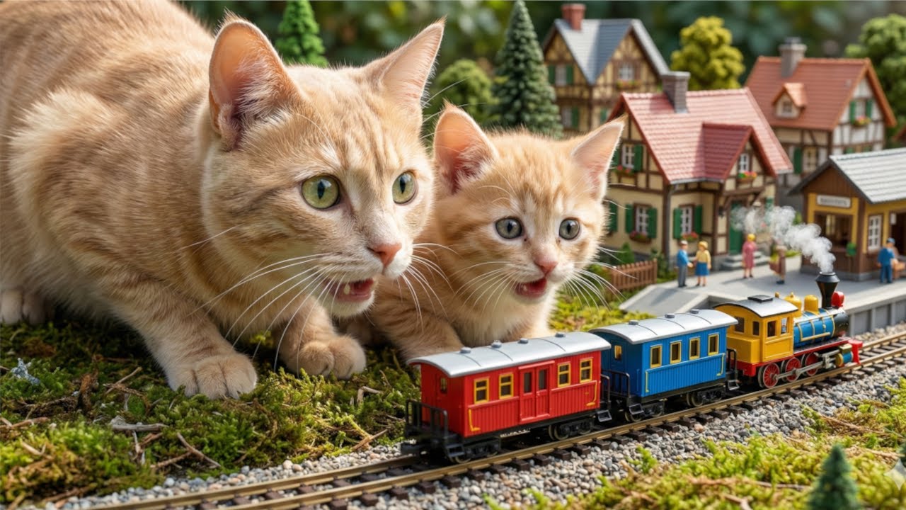 Cat Mini Train Mama Cat & Kitten’s Miniature Train Village Trip - YouTube