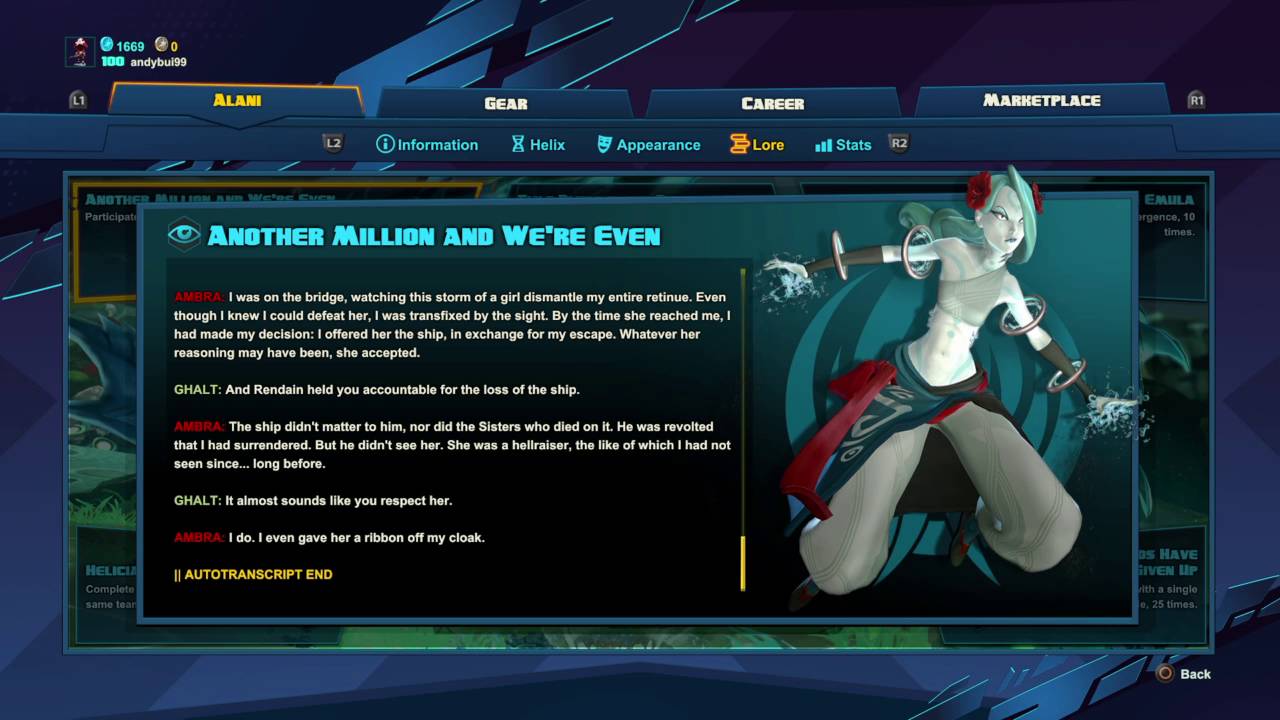 Battleborn Alani Lore, mutations, skins, taunts, and legendary (description for time slots)