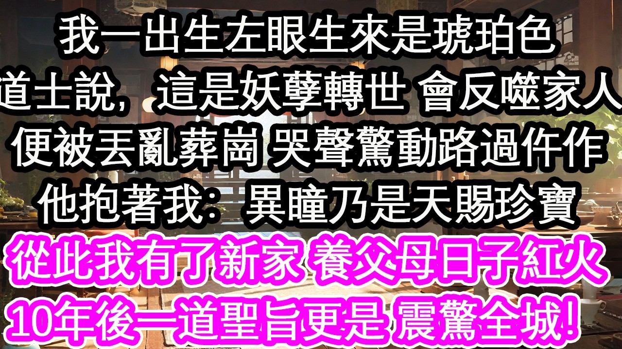 我一出生左眼生來是琥珀色道士說，這是妖孽轉世 會反噬家人便被丟亂葬崗 哭聲驚動路過仵作他抱著我：異瞳乃是天賜珍寶從此我有了新家 養父母日子紅火10年後一道聖旨更是 震驚全城！【花開】【愛情】【生活】