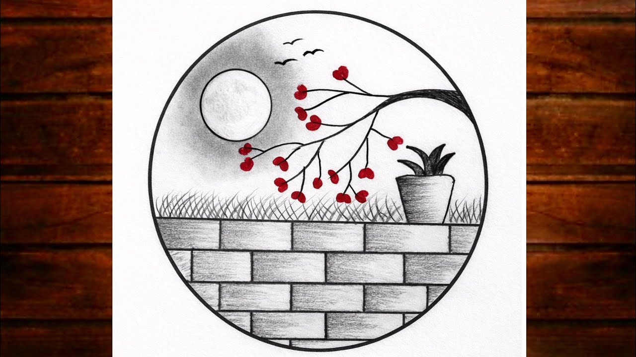 Easy circle scenery drawing /Easy drawing ideas for beginners/ How to draw pencil sketch drawing