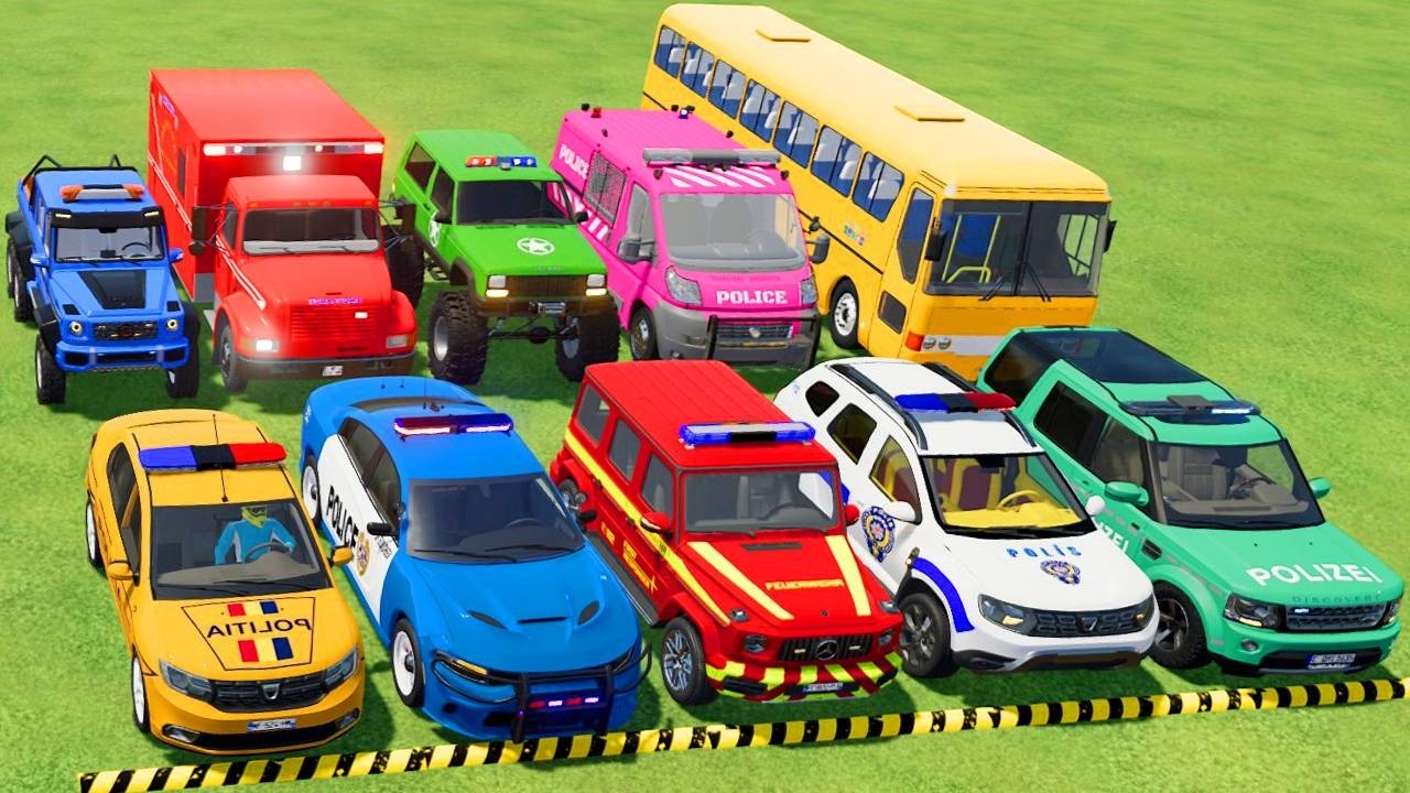 TRANSPORTING POLICE CARS, AMBULANCE, FIRE TRUCK, COLORFUL CARS WITH TRAIN -FARMING SIMULATOR 22!
