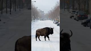 Bison Walks Through a Silent Alberta Street 🦬
