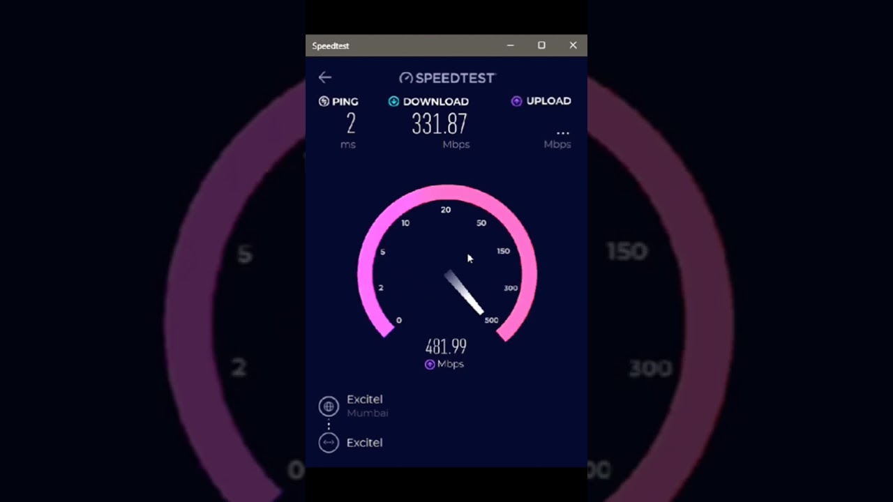 Excitel 300Mbps plan in Mumbai speedtest via ethernet on laptop. 
