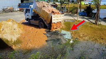 First Start Landfill!! Dump Truck 5T Soil Delete Pond And Dozer Push in Actions!