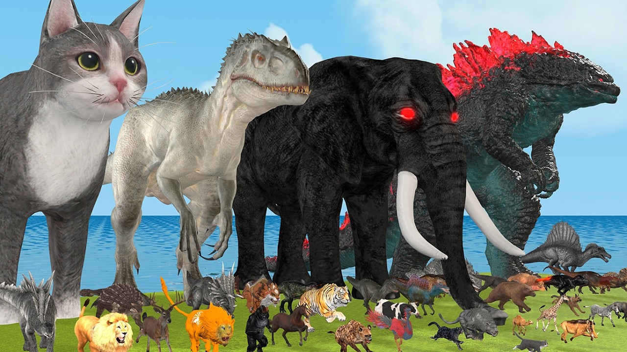 Long Slide Game With Dinosaur - Godzilla Elephant Gorilla Buffalo Tiger Animal Game Funny Animals 3D