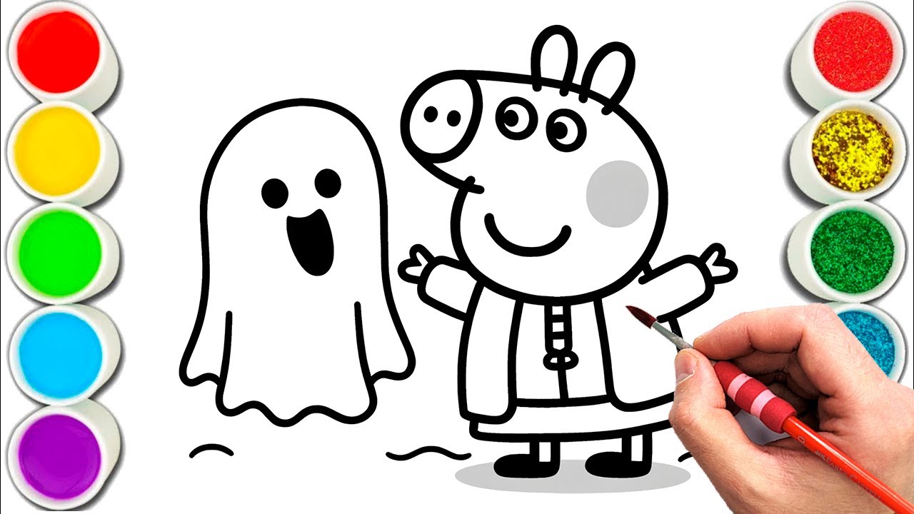 Свинка Пеппа с привидением. Рисование, раскрашивание и раскрашивание для детей и малышей. Детское...