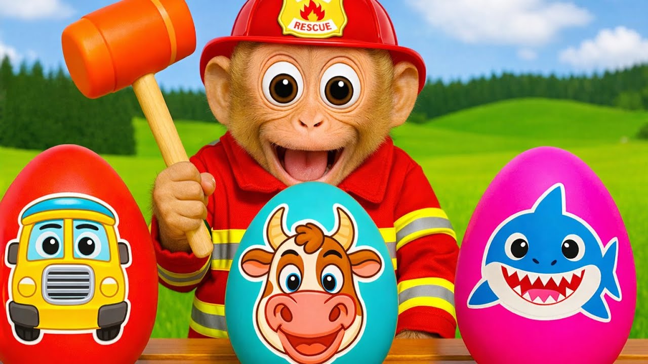 Firefighter Monkey Smashes Color Eggs Surprise Adventure with Bright Toys and Happy Reactions Today