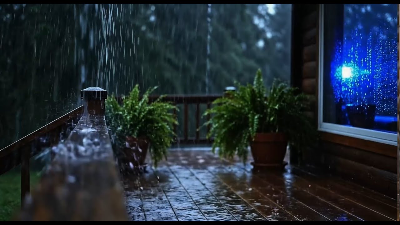 Dark Night Porch Rain cinematic blue reflections no talking pure white noise instant sleep 🎧🌧️🌙