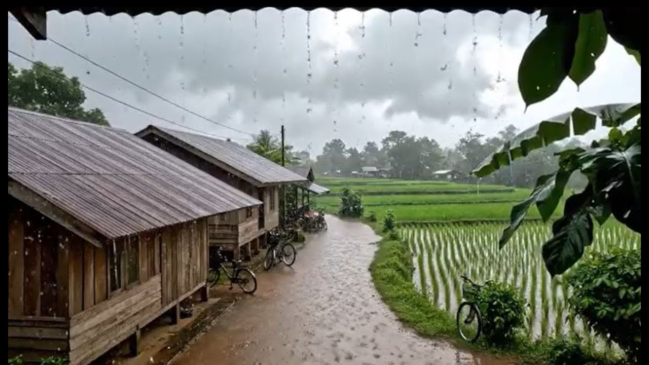 ASMR Rain in the Countryside | Relaxing Rain Sounds on Wooden Houses & Rice Fields 