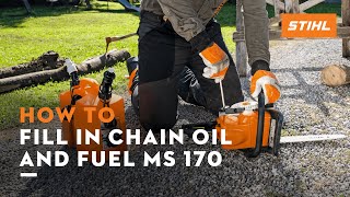 STIHL MS 170 | How to fill up chain oil and fuel mixture | Instruction