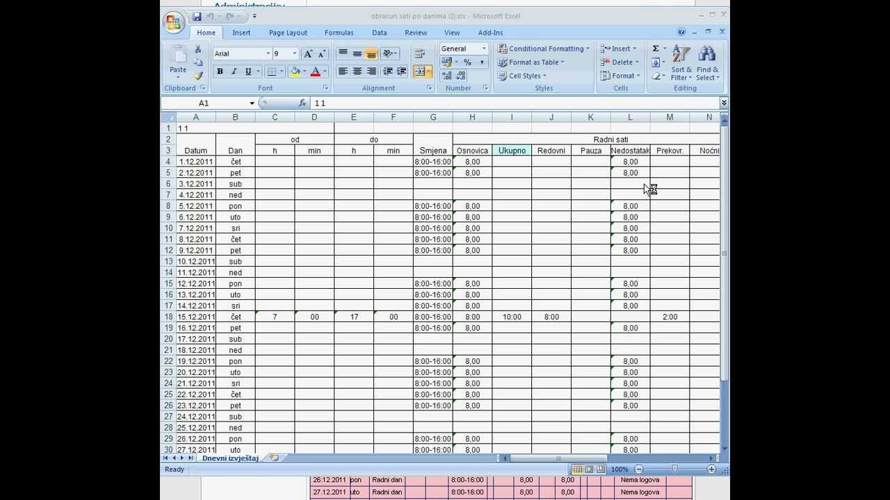 evidencija radnog vremena excel