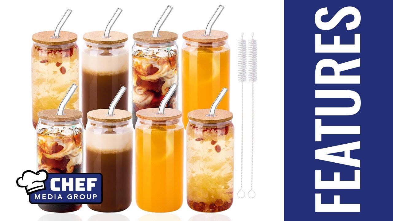 Glass Drinking Glasses Set with Bamboo Lids and Straws