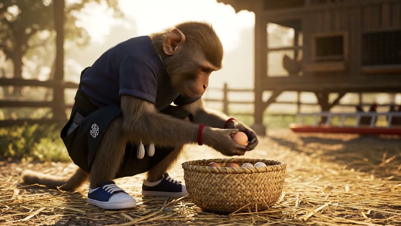 Life of Monkey | Monkey Farmer Feeds Chickens and Brings Basket of Eggs to Town – Funny Farm Story