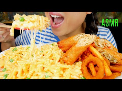 ASMR Cheesy Lazy Macaroni and Cheese Hot Dogs ♥︎ Onion Rings Fries Egg Rolls ♥ Cooking! 먹방 suellASMR