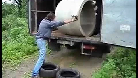 WCGW unloading a concrete pipe with tires   #Whatcouldgowrong   Topper# dick w