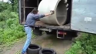 WCGW unloading a concrete pipe with tires   #Whatcouldgowrong   Topper# dick w