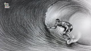 How to draw A Man Surfing On Surf Board in Ocean with Pencil || Pencil Shading