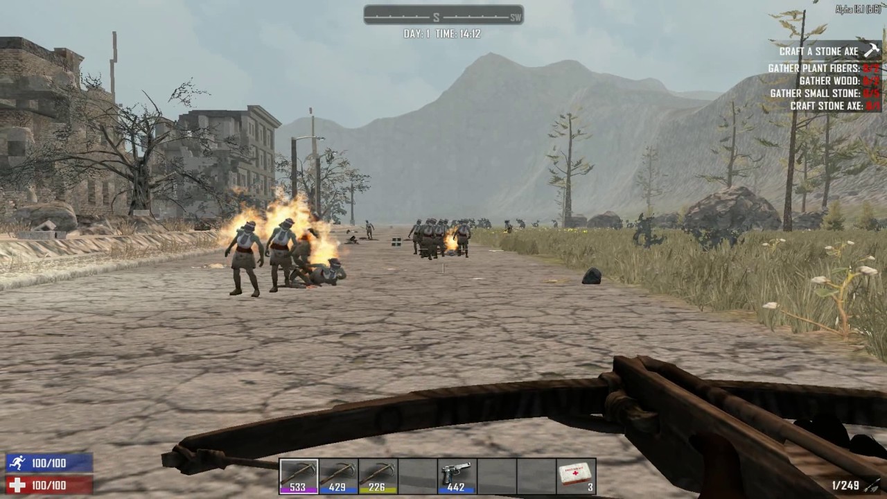 Арбалет, пистолет, зажигательные боеприпасы. Crossbows, uzi, flaming ammunition (7 Days To Die)