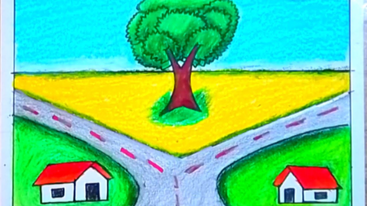 How to draw road scenery with mustard field step by step|| 