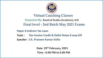 Final Paper 8 ITL Topic :Tax Invoice Credit & Debit Notes E-way bill Evening Session Date: 25-2-2021