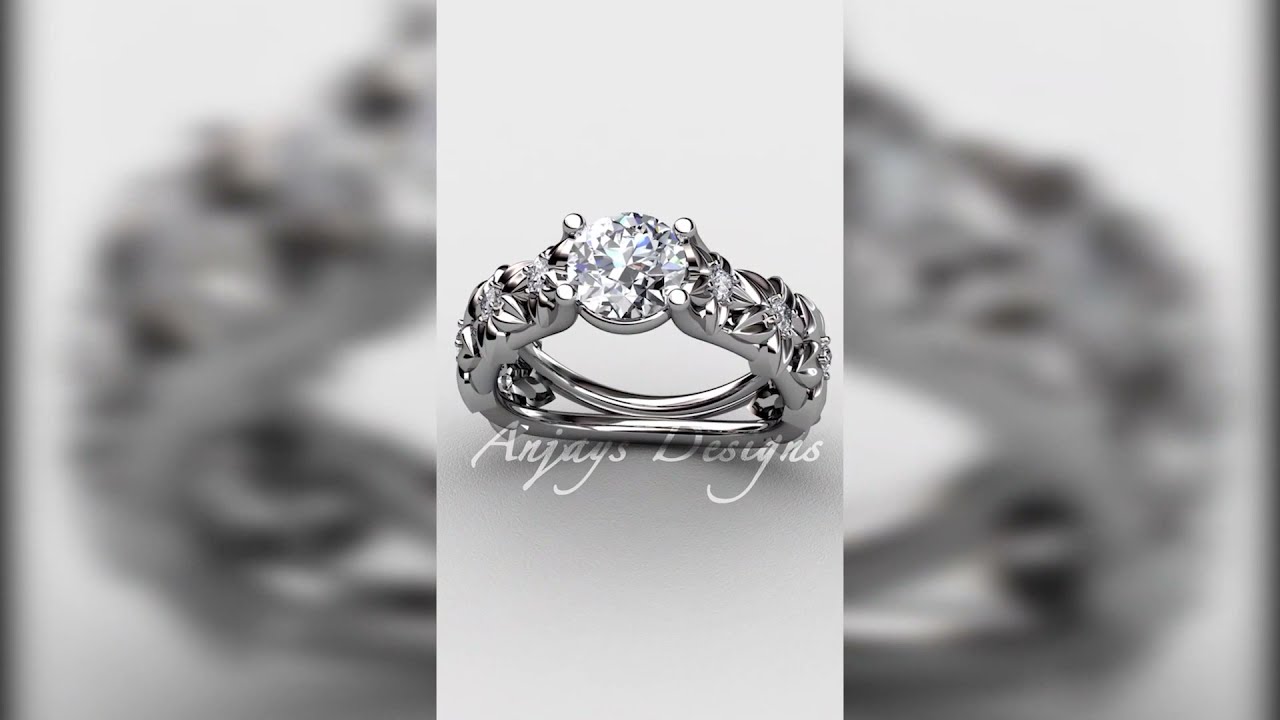 Gorgeous Flower Engagement Ring, 14k White Gold Wedding Ring ADLR149