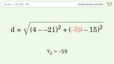 Find the distance between two points p1 (-21,15) and p2 (4,-59): Step-by-Step Video Solution