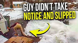 Guy Didn’t Take Notice and Slipped Because of Black Ice on the Steps From Overnight Freeze