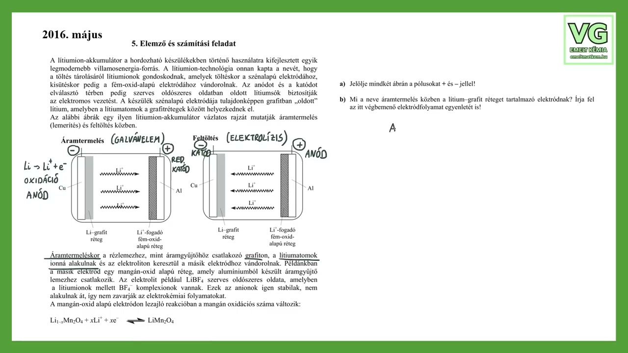 Lítiumion-akkumulátor (Emelt kémia érettségi 2016. május 5. feladat)