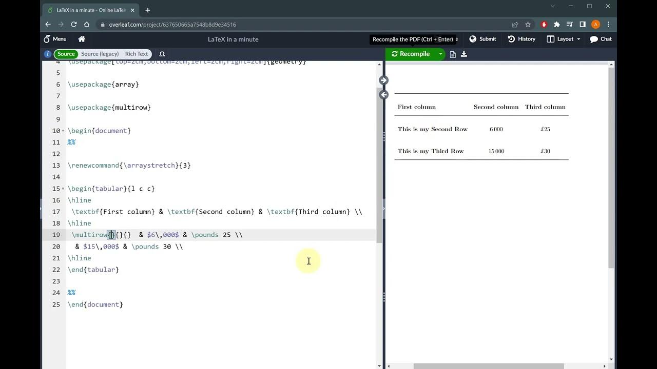 LaTeX in a Minute Text Across Multiple Table Rows YouTube