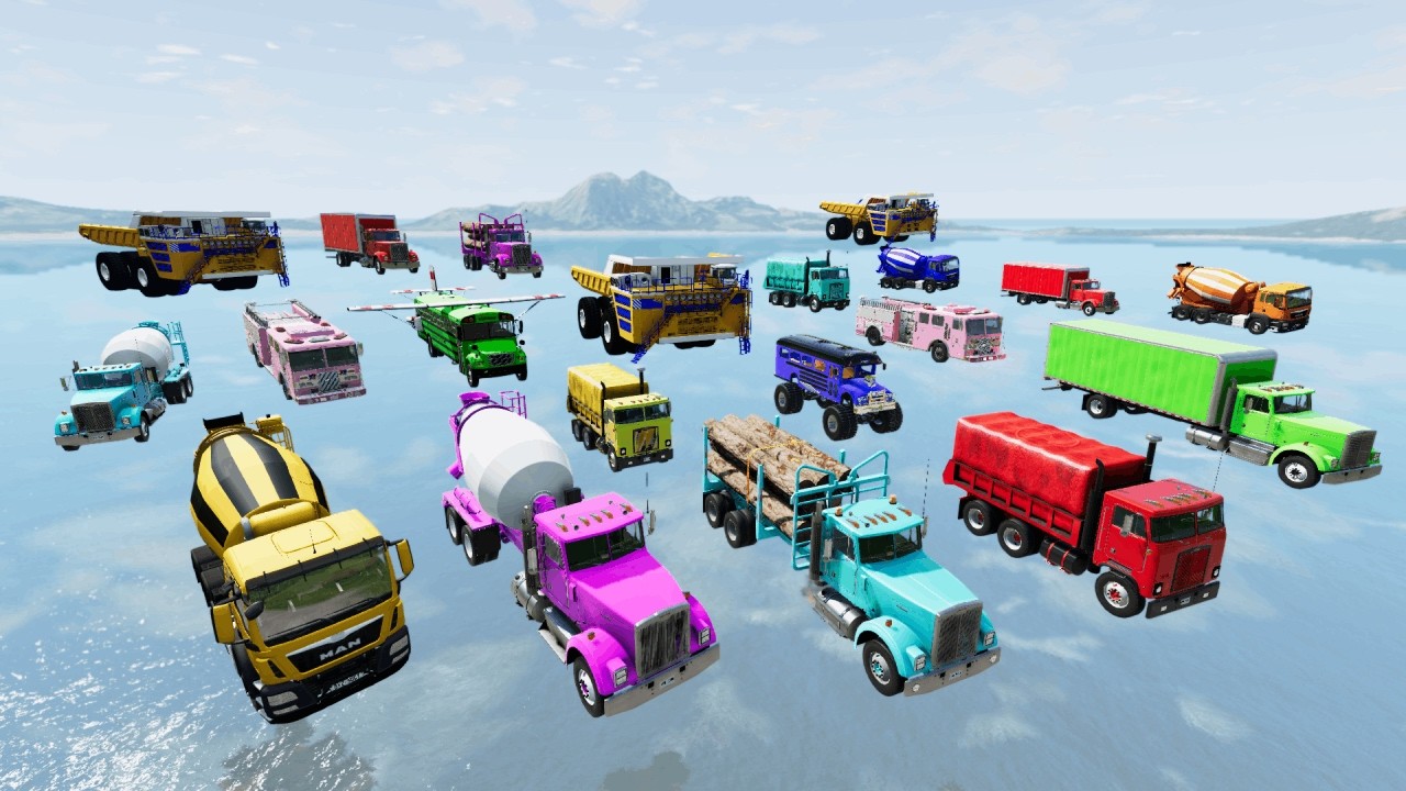 Мультяшные машинки, грузовики, автоцистерны, легковые автомобили, летающие автобусы, перевозящие ...