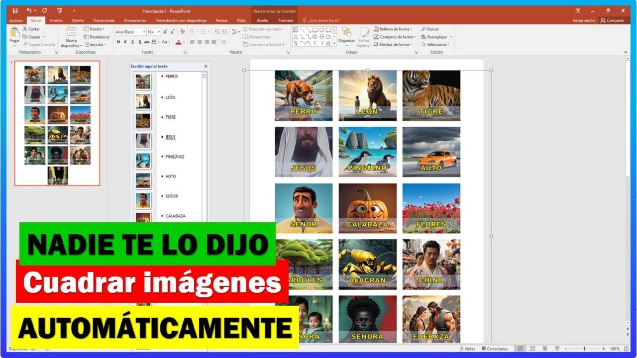 Cuadrar imágenes del Mismo Tamaño en POWERPOINT automáticamente Insertar Texto a cada una