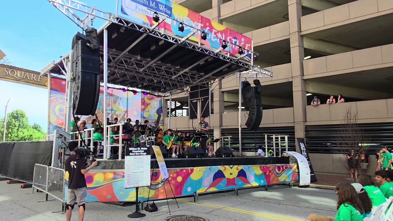 Elden Schrembeck-trombone: Tri-C Jazz Fest-Cleveland, OH 6/28/25 -Elden on trombone in yellow shirt