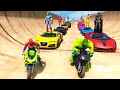 SPIDERMAN CARS &amp; MOTORCYCLES Mega Windmill Rampa Challenge Superhero Goku Trucks / Jeep Race - GTA 5