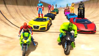 SPIDERMAN CARS &amp; MOTORCYCLES Mega Windmill Rampa Challenge Superhero Goku Trucks / Jeep Race - GTA 5