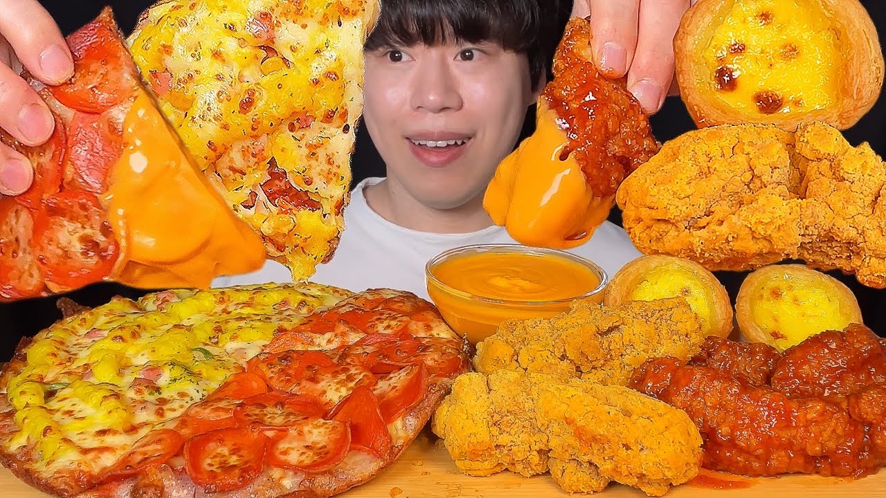 (Подписка) Корейская жареная курица, пицца пепперони, яичный пирог, мукбанг, ASMR