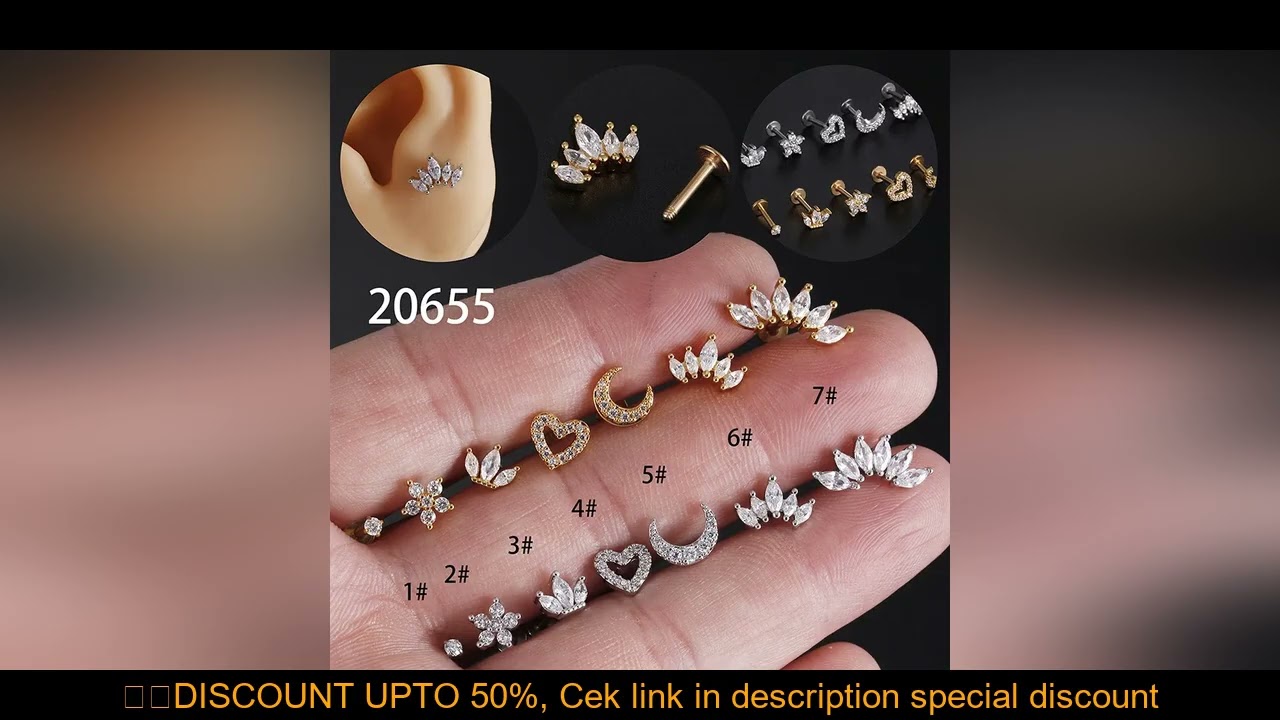 1Piece 1.2mm Heart Flower Crown Cartilage Earrings Stainless Steel Zircon Conch Rook Tragus Stud Lab