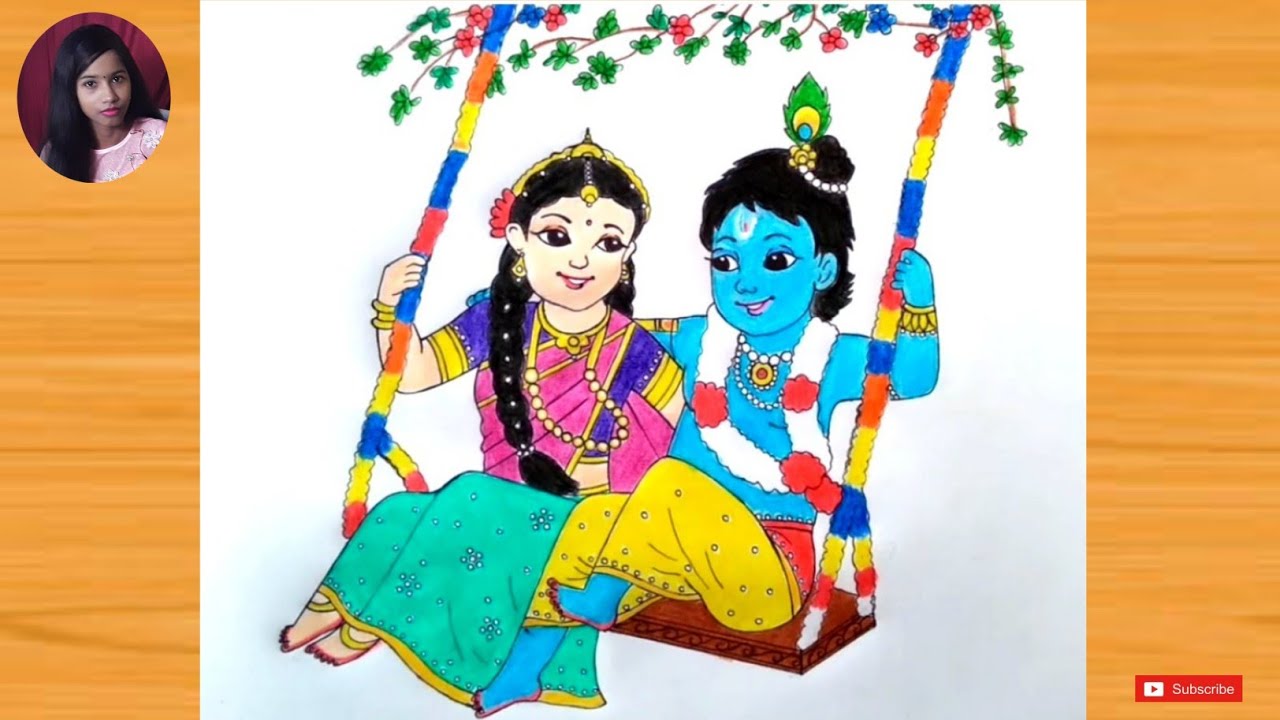 How To Draw Cute Radha Krishna On A Swing ||Jhulanyatra Special ...