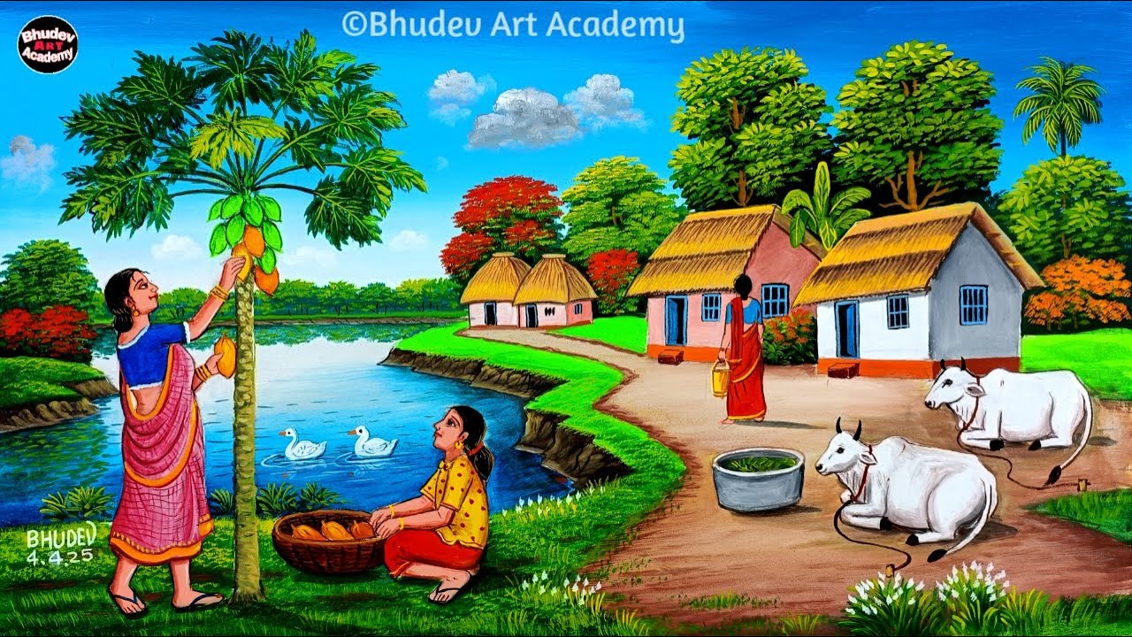 Beautiful Village Landscape Scenery Painting| Indian Village Scenery Painting With EarthWatercolor