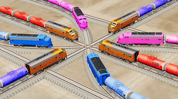Impossible Multiple Overlapping Rail Tracks Crossover Vs Trains Crossing - BeamNG.Drive