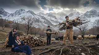 Preparing for Winter: 🪵Gathering Firewood in the Snowy Mountains🏔️ | Nomadic Survival in Cold Days🔥