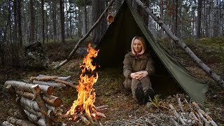 OFF GRID Camping in NORTHERN WILDERNESS - Solo Bushcraft - CHAGA tea, Spatula Carving, Polish LAVVU