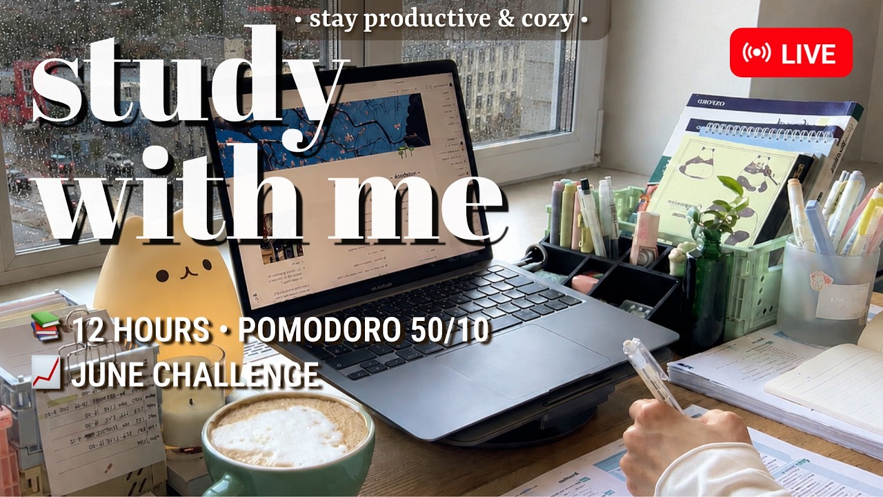 Challenge | 12 Hours • Study With Me ☔️ Pomodoro 50/10 | Rain Sound for Deep Focus