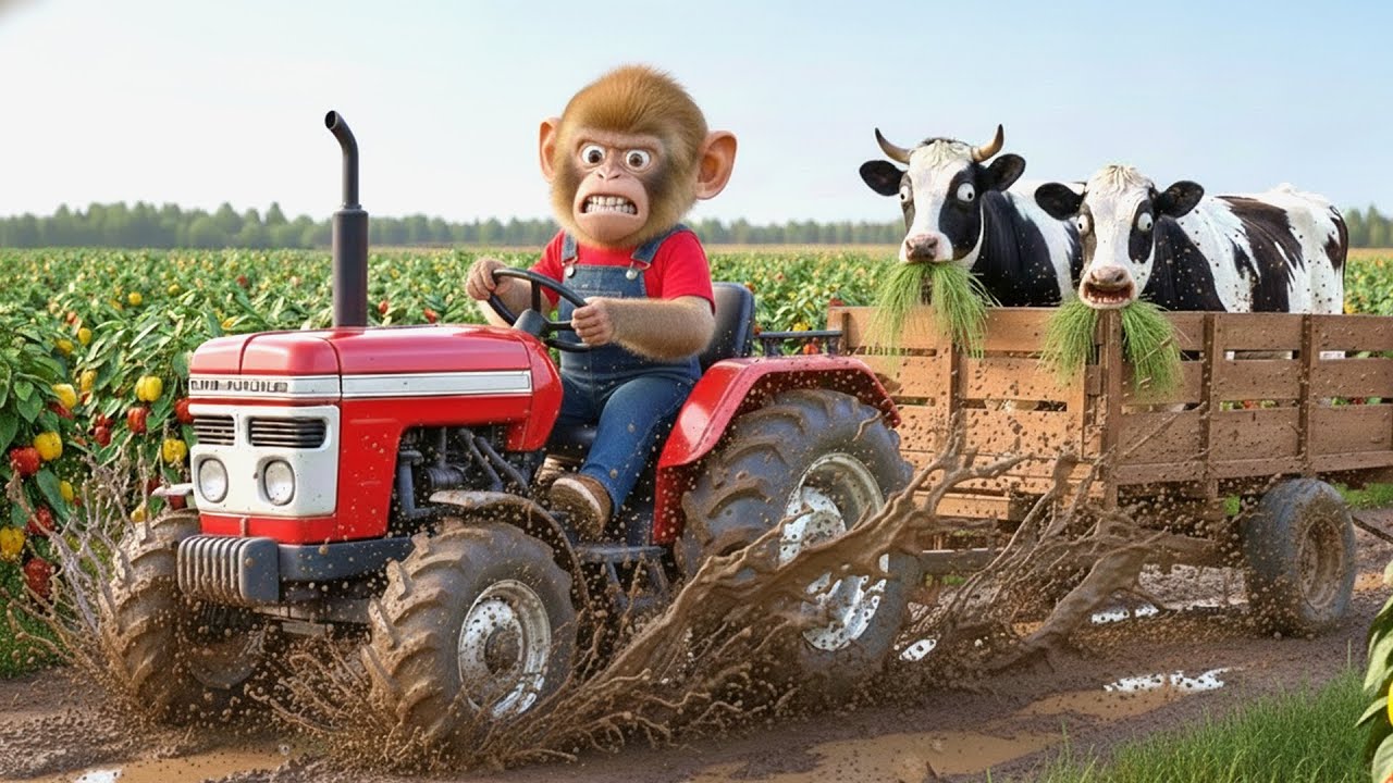 🐒🐄 Monkey Bon Bon’s Bell Pepper Harvest Turns Into Chaos When a Cow Sinks in Deep Mud! 😱🚜