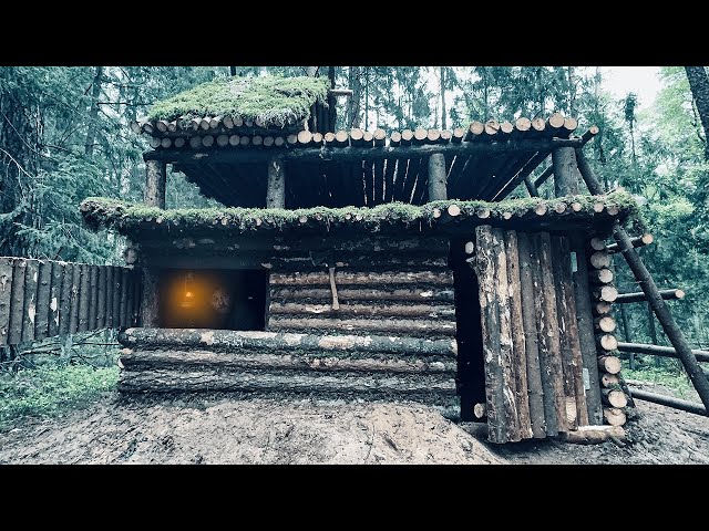 DUGOUT HUT WITH PENTHOUSE: A COZY PLACE FOR SURVIVAL IN THE WILD. CAMPING IN THE FOREST. PART 2 class=