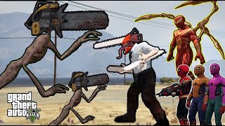 GTA 5 Siêu Nhân Người Nhện và Siêu Nhân Robot Cùng Chainsaw Man Tiêu Diệt Siren Head Đầu Cưa Chúa Tể