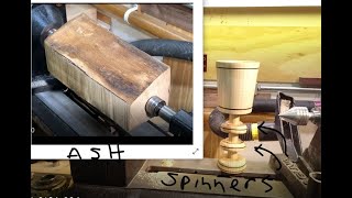 Woodturning  - Ash firewood log to goblet with 2 captured captive rings - spinners