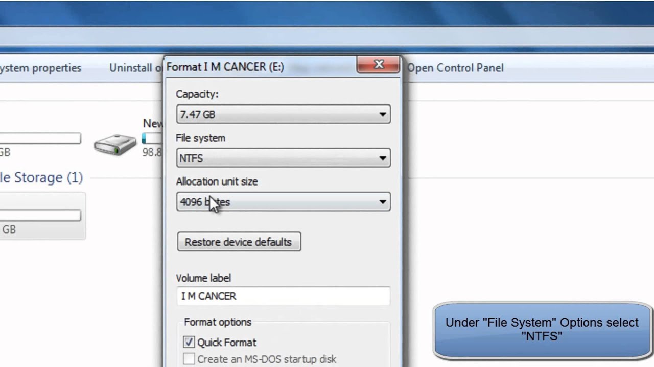 HOW TO FORMAT A USB FLASH DRIVE TO NTFS IN WINDOWS 7 - YouTube