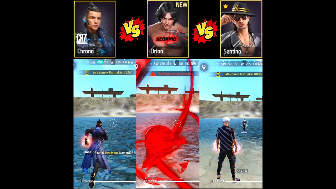 CHRONO VS ORION VS SANTINO VERSUS 😱 || CHARACTER ABILITY TEST | SPEED ABILITY TEST FF 